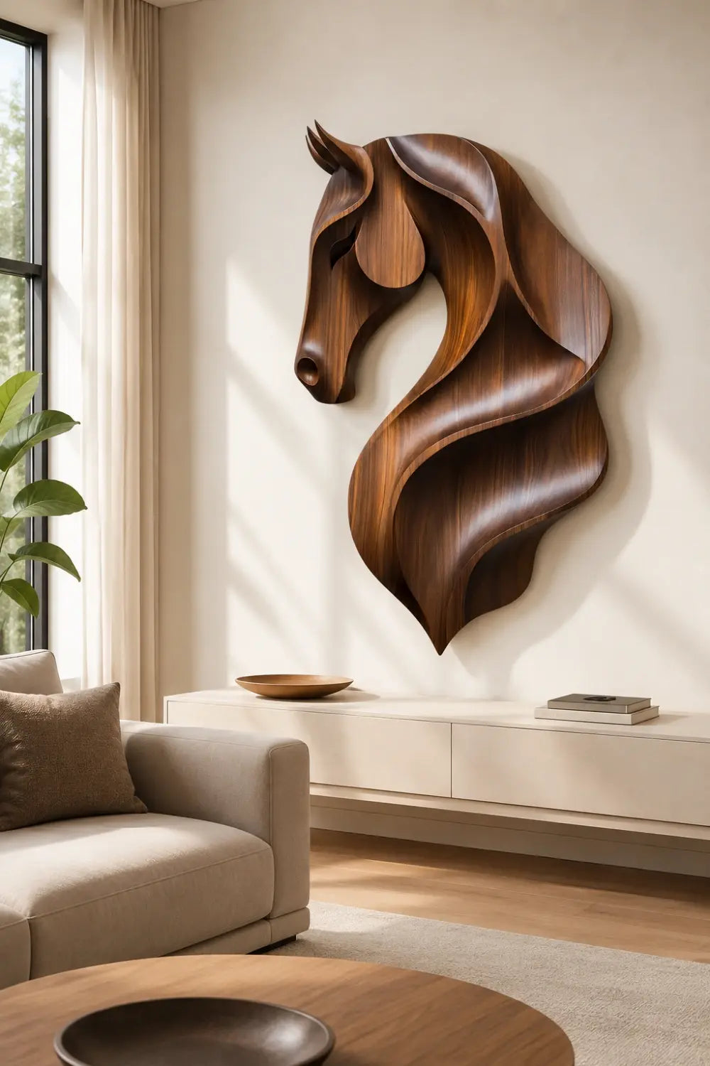 Fluid Wooden Horse Head Wall Art | Modern Carved Relief
