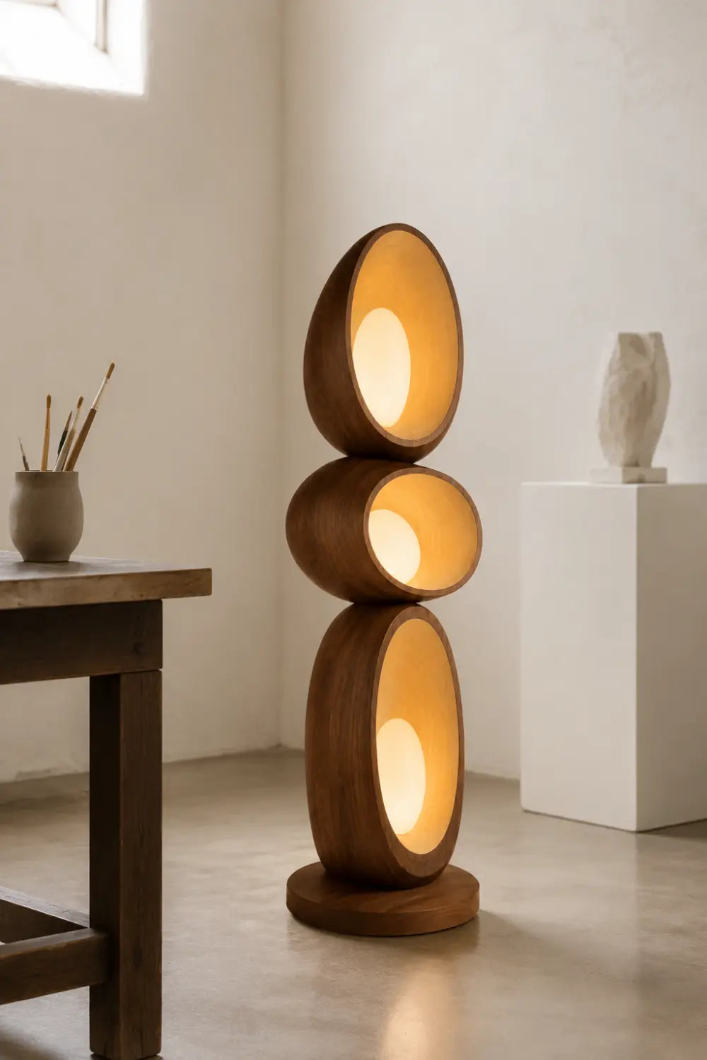 Modern Walnut Floor Lamp With Abstract Stacked Wood Design For Living Room