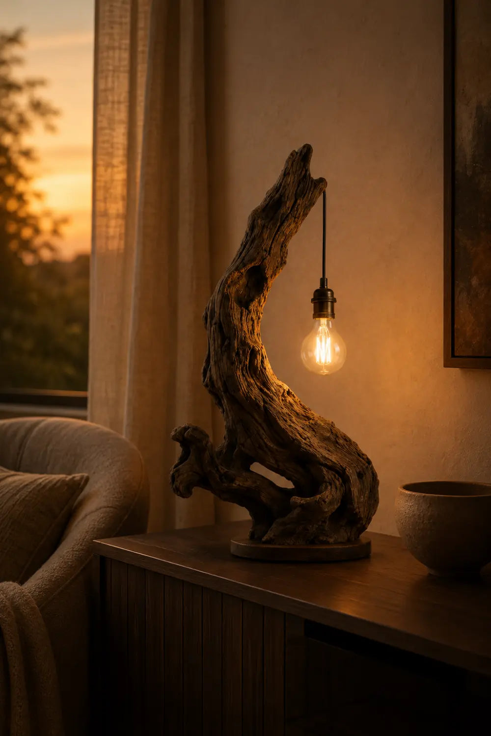 Natural Reclaimed Wood Log Table Lamp | Exposed Filament Bulb Lantern For Space Decor