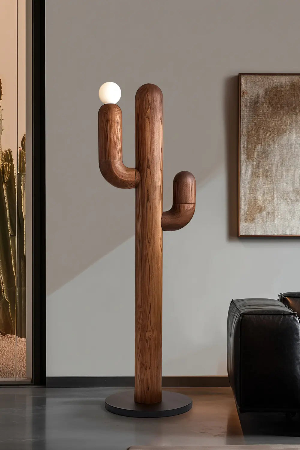 Modern Walnut Cactus Floor Lamp Minimalist Wooden Light Sculpture For Living Room Decor