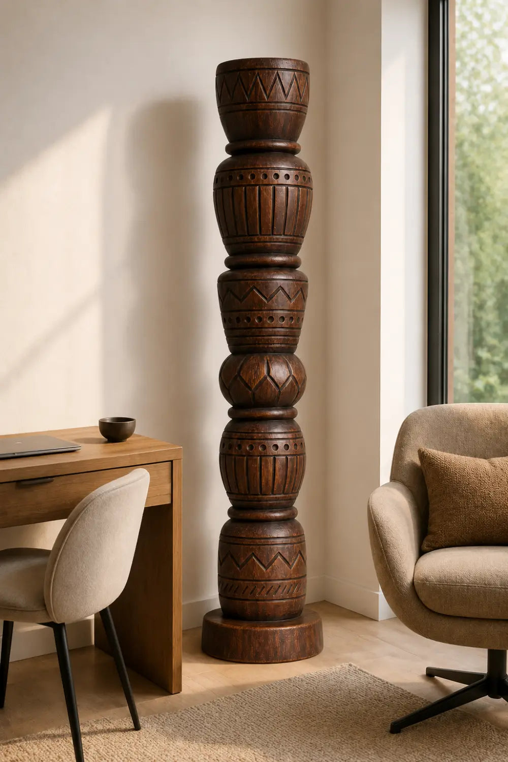 Stacked Geometric Wood Floor Sculpture | Tall Pillar Decor For Living Space