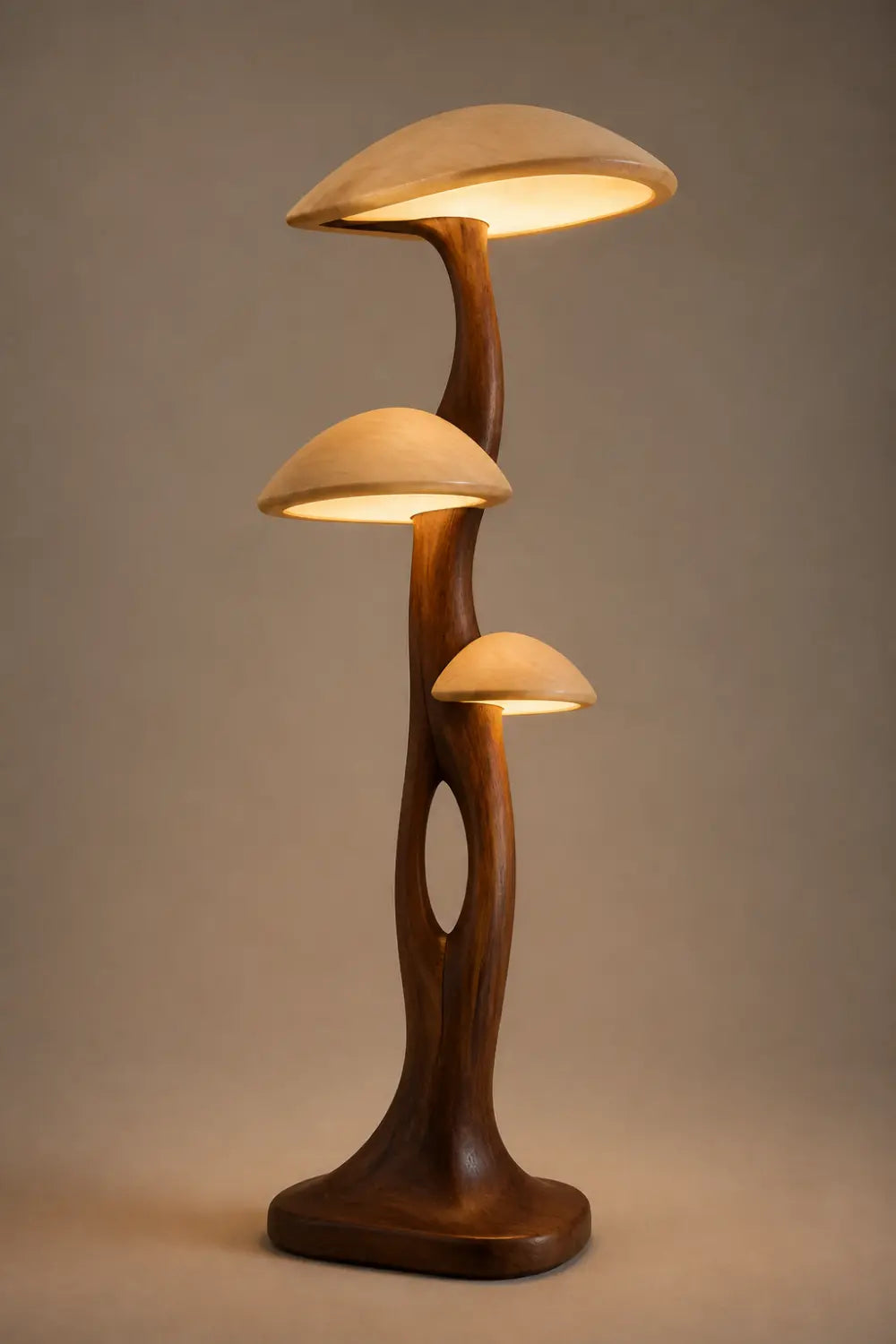 Hand-Carved Wooden Floor Lamp With Mushroom Shades For Modern Living Rooms