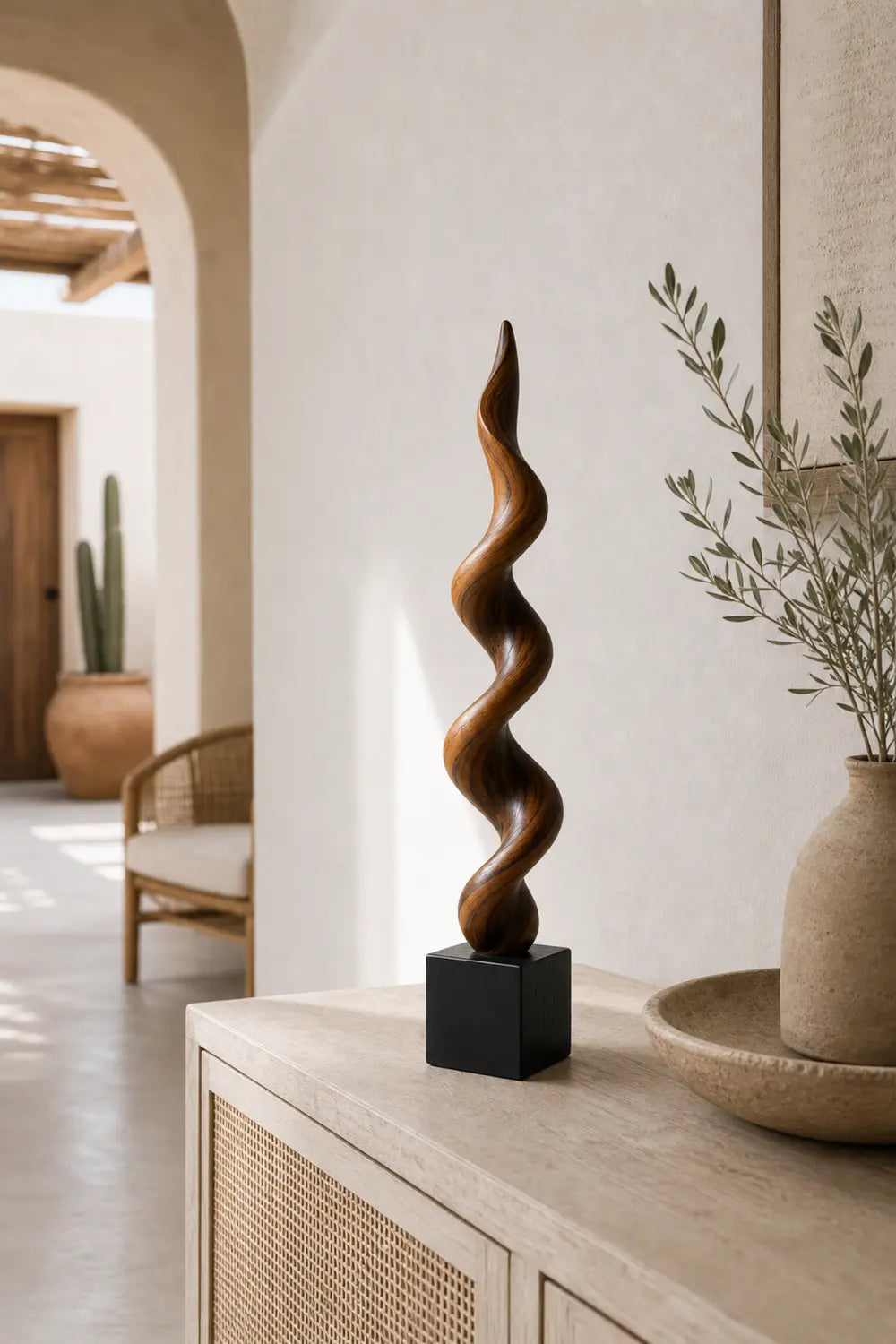Large Abstract Walnut Wood Spiral Sculpture For Modern Home Decor And Gallery Display