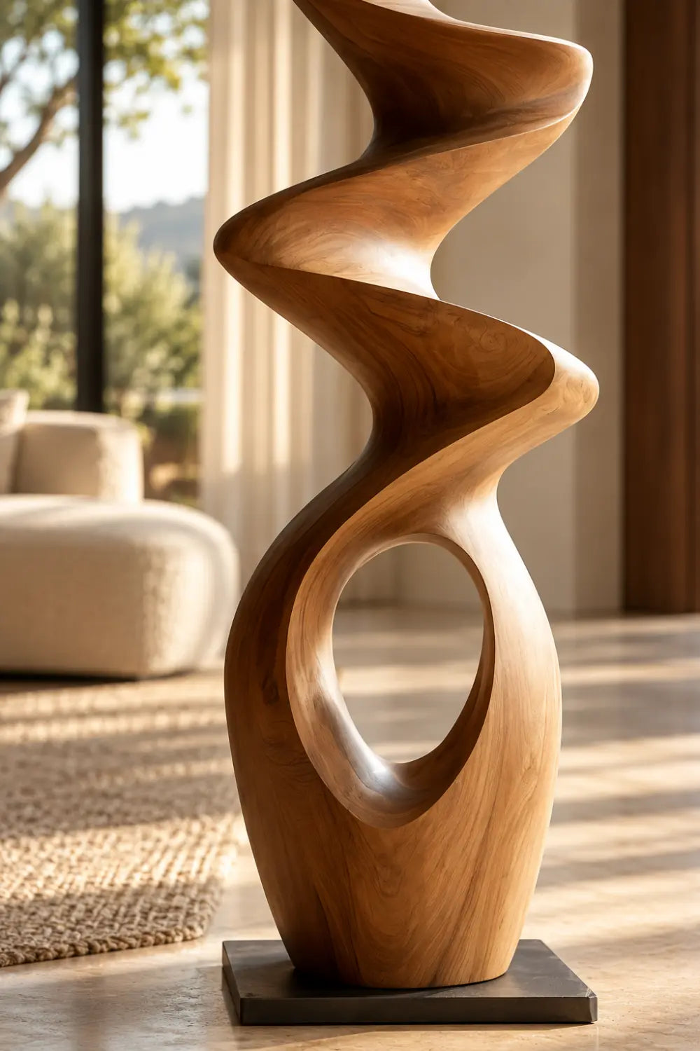 Swirling Wood Floor Sculpture | Tall Helical Statue For Living Space Decor
