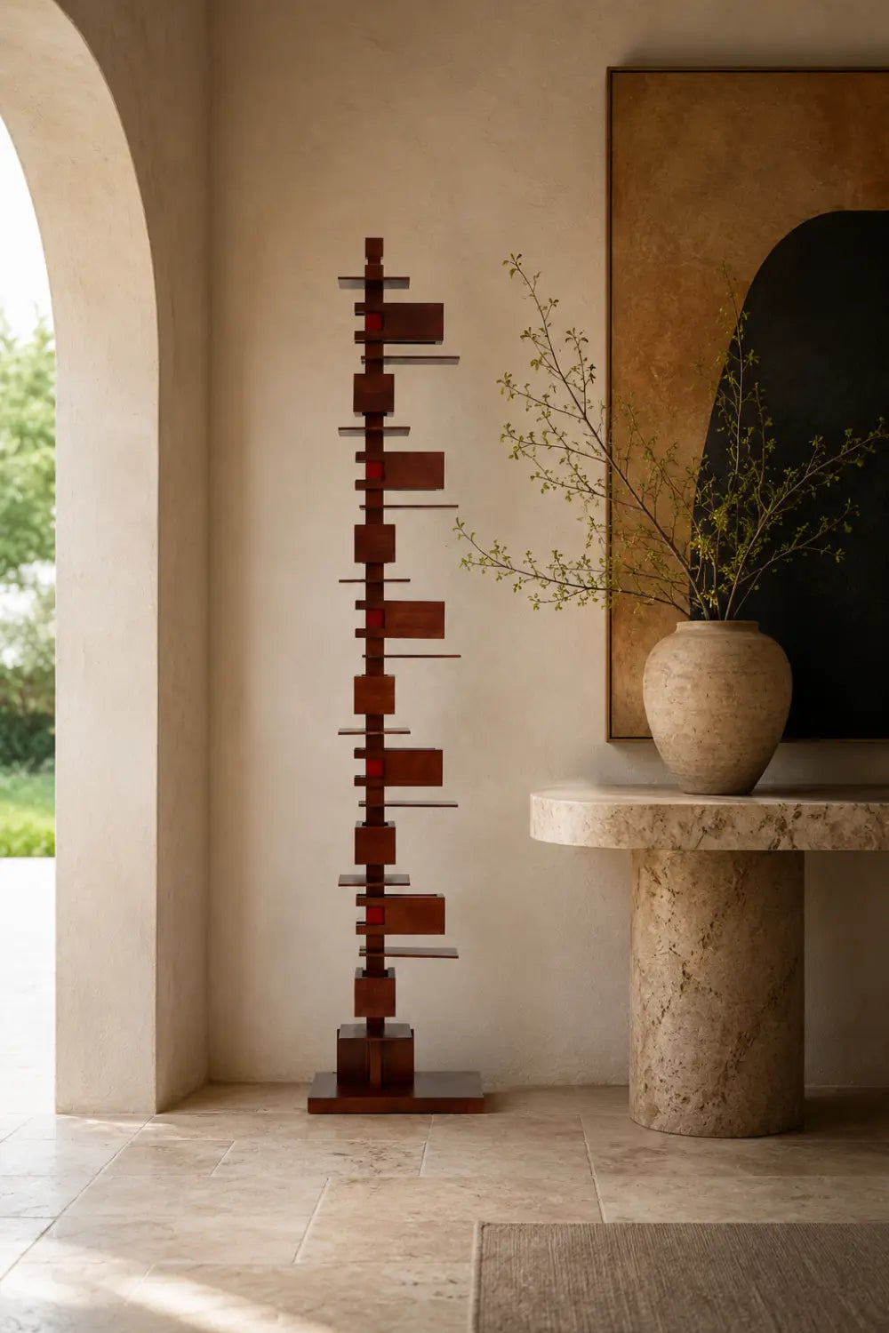 Large Modern Wooden Floor Lamp Abstract Geometric Totem Design For Living Room