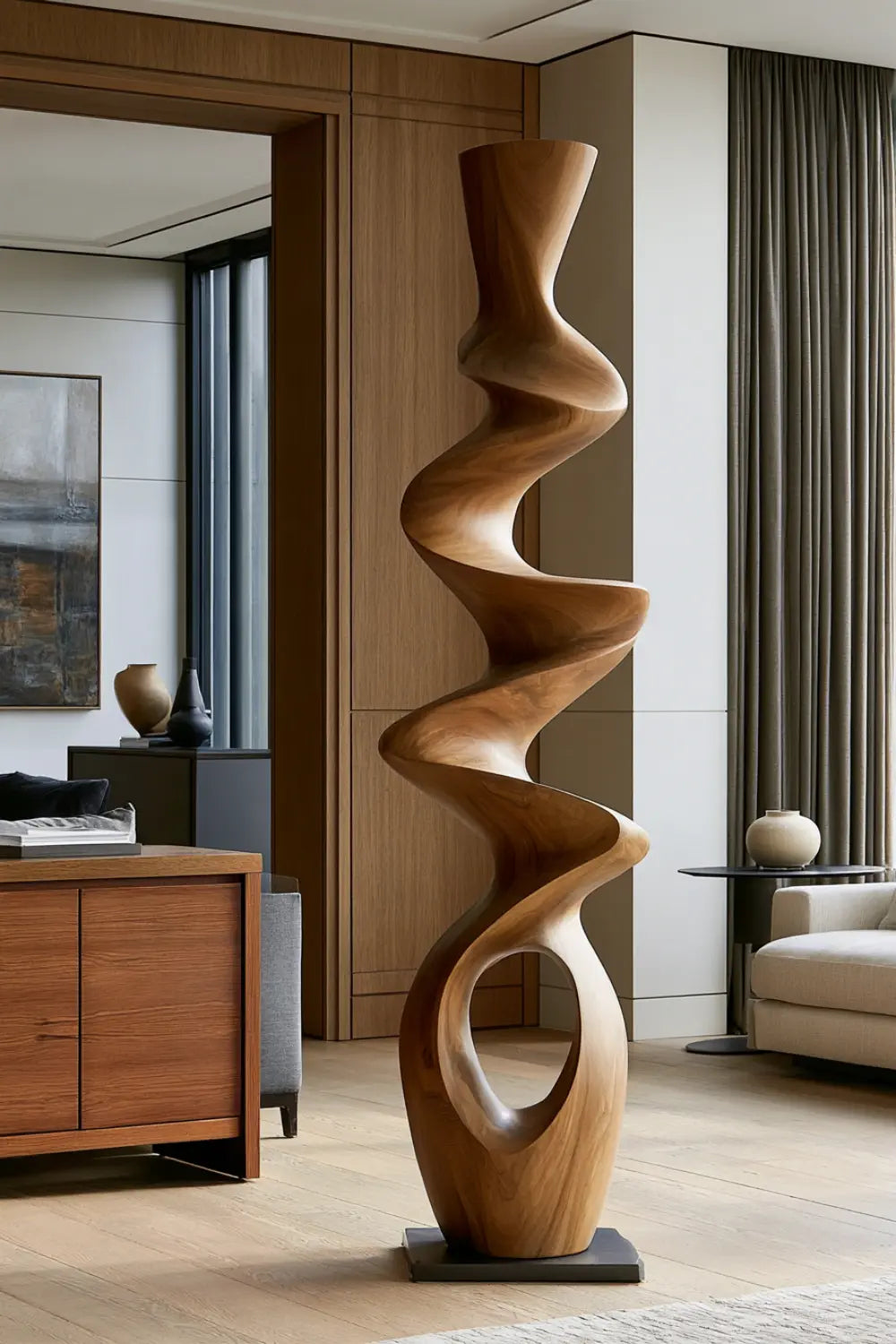 Swirling Wood Floor Sculpture | Tall Helical Statue For Living Space Decor