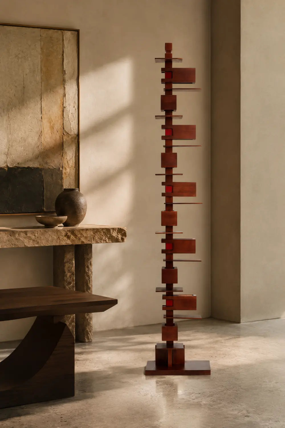 Large Modern Wooden Floor Lamp Abstract Geometric Totem Design For Living Room