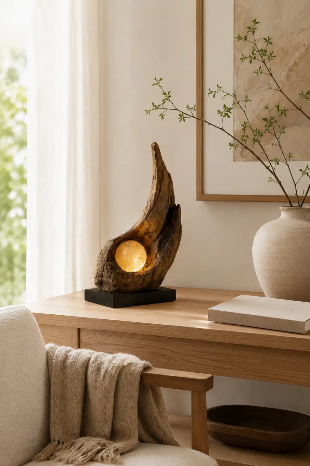 Organic Sculptural Wooden Lamp Emitting Cozy Warm White Light For Elegant Interior Spaces
