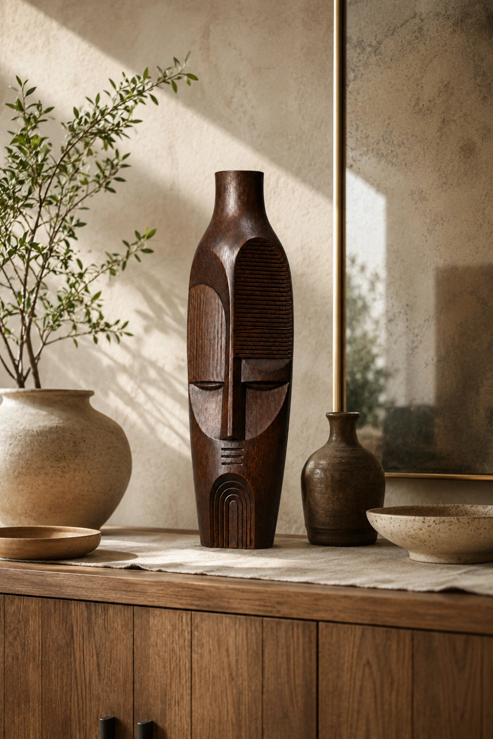 Wabi Sabi Rustic Wood Vase Handmade Abstract Bottle Shape Decor