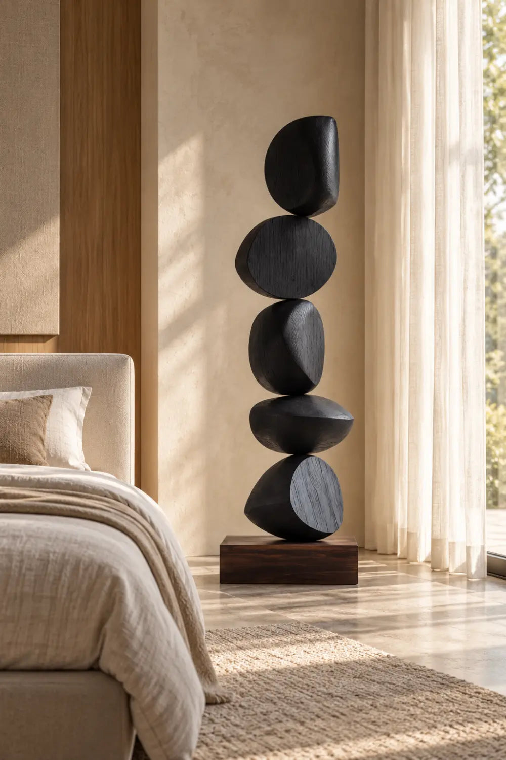 Large Black Abstract Wood Sculpture For Modern Home Decor