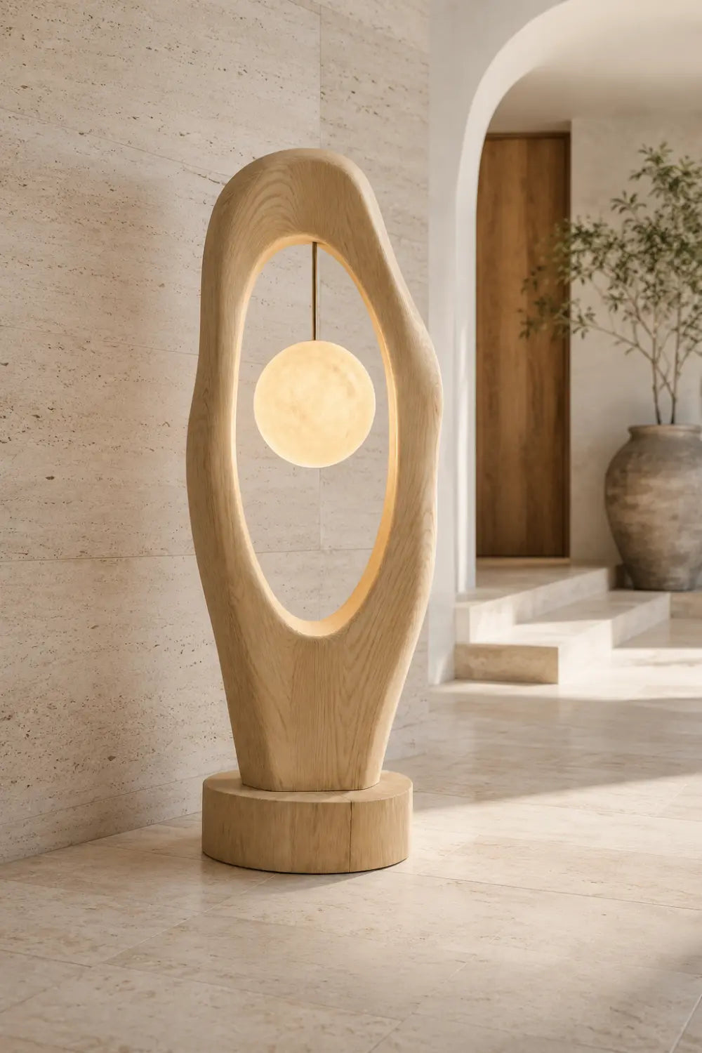 Abstract Sculptural Wood Floor Lamp With Hanging Orb Light As Artistic Home Decor Piece