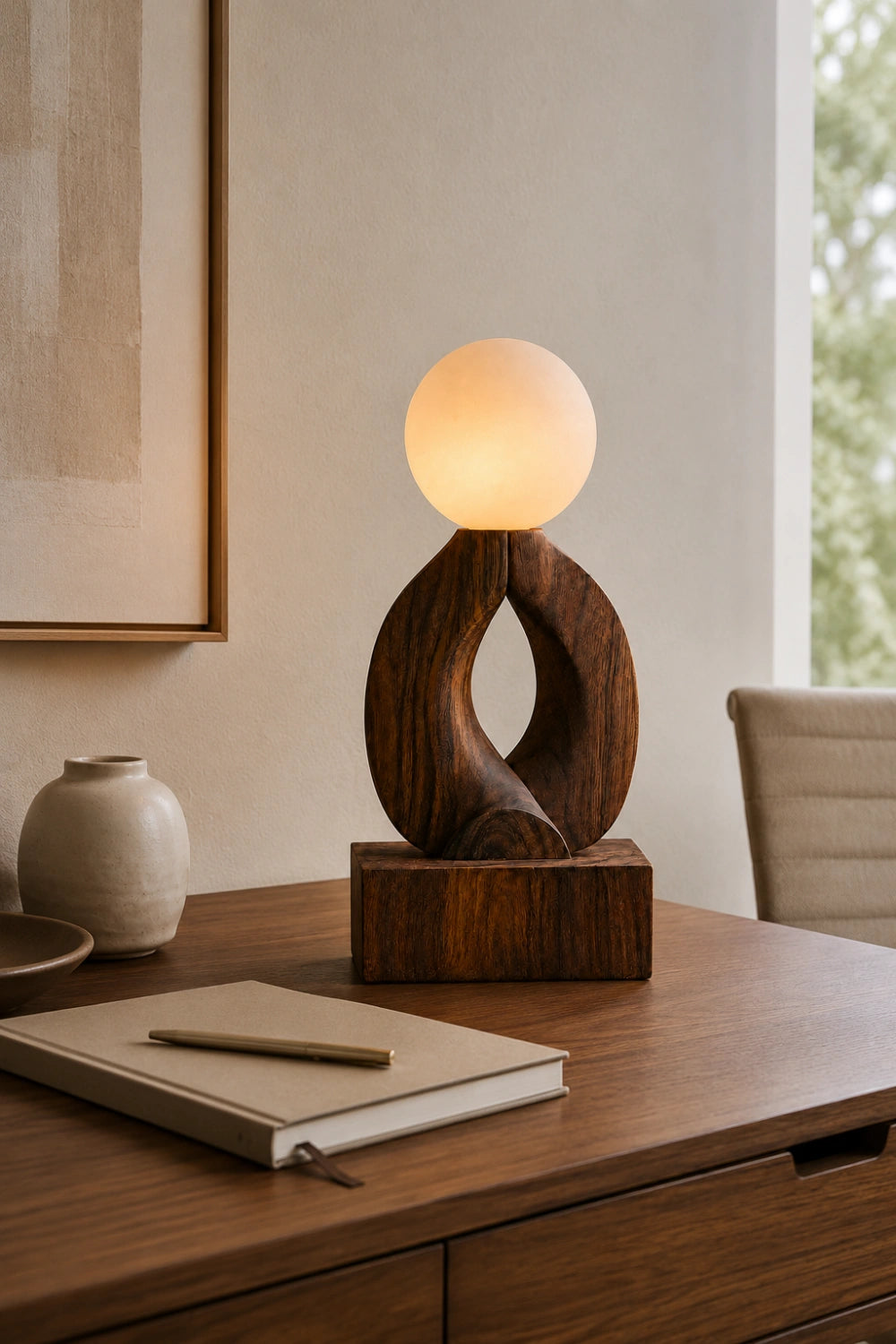 Hand Carved Wooden Art Lamp Sculptural Lighting Fixture Natural Walnut Finish Home Accent