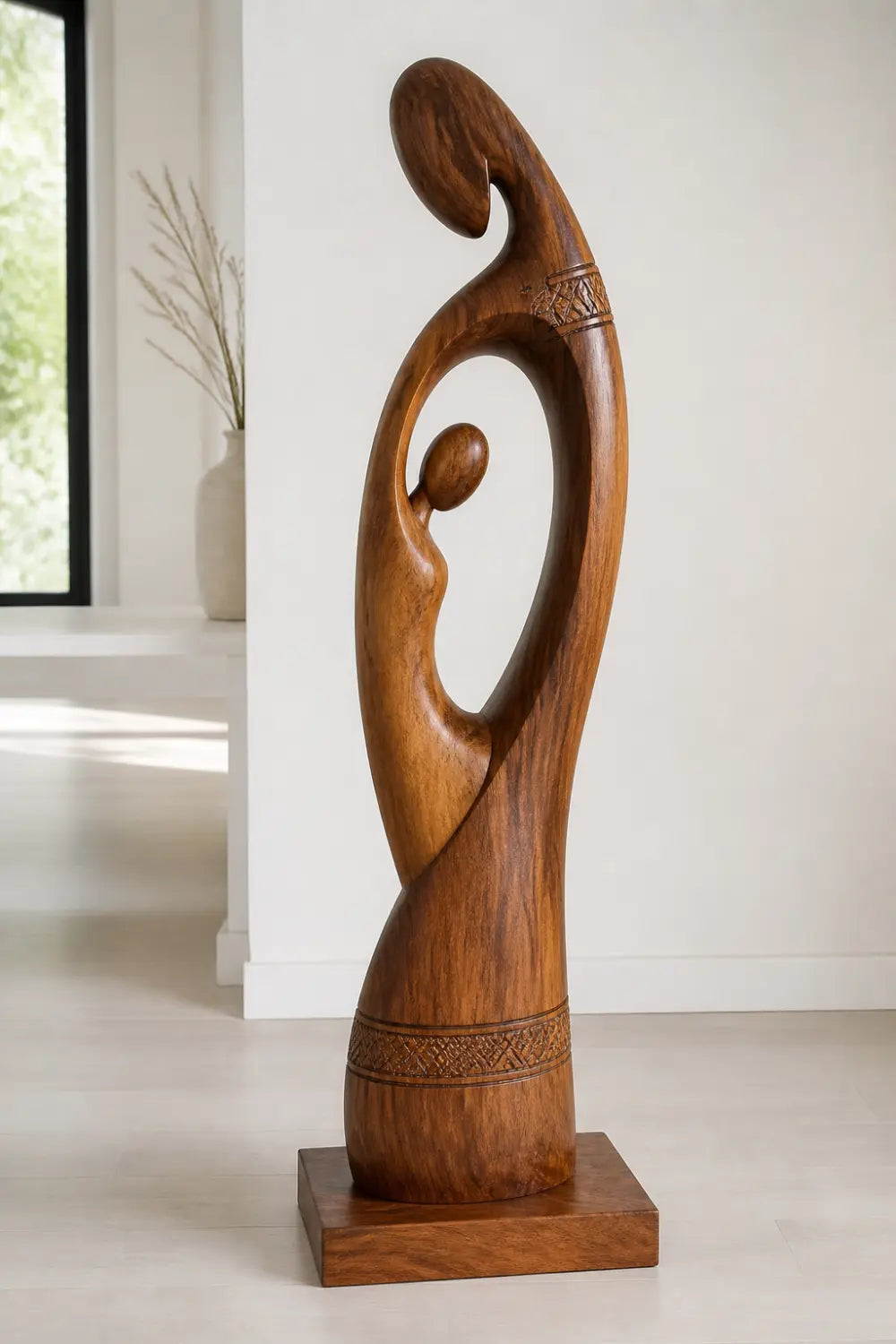Large Abstract Mother And Child Wooden Sculpture For Modern Home Decor