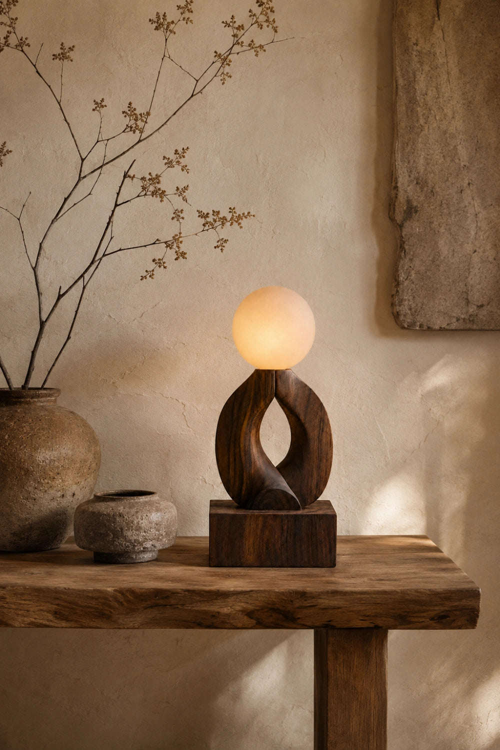 Hand Carved Wooden Art Lamp Sculptural Lighting Fixture Natural Walnut Finish Home Accent