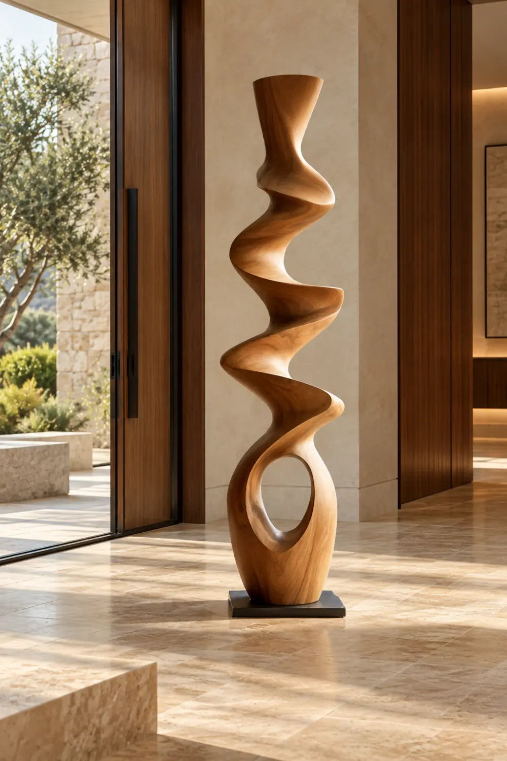 Swirling Wood Floor Sculpture | Tall Helical Statue For Living Space Decor