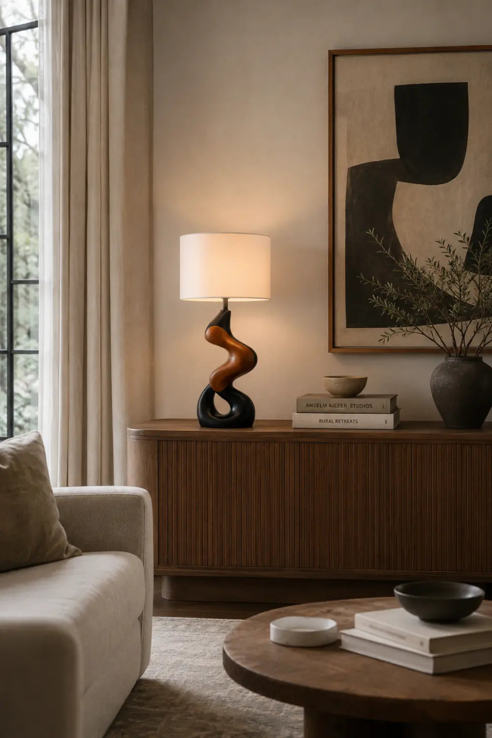 Artistic Twisted Wood Desk Lamp Creating Warm Ambiance In Study Or Office Space