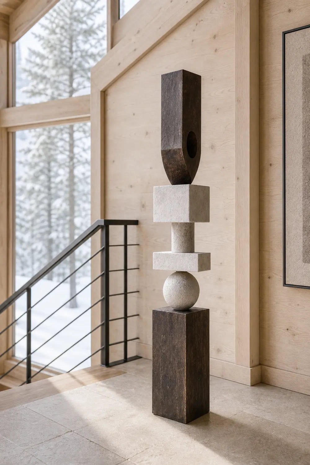 Large Abstract Wooden Sculpture For Modern Minimalist Living Room Decor And Art