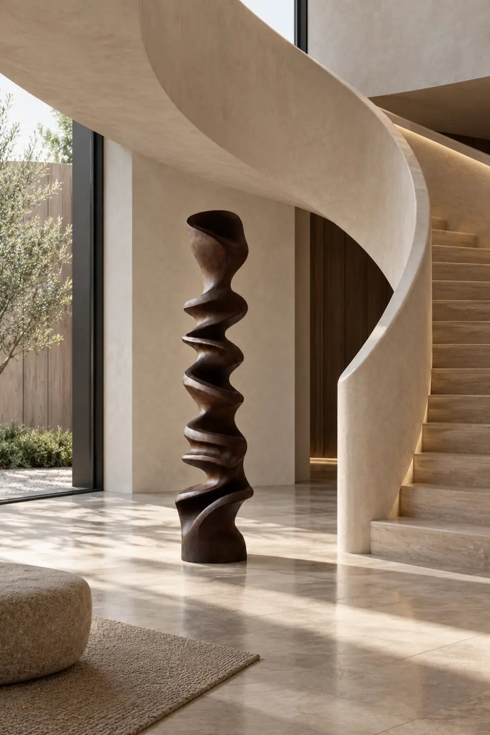 Large Abstract Walnut Wood Floor Sculpture Modern Spiral Form