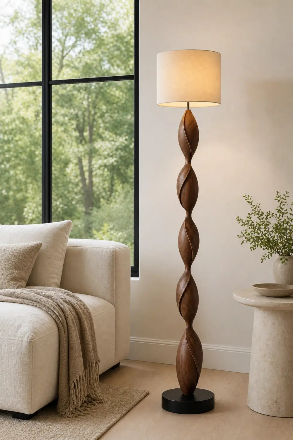 Hand Carved Walnut Wood Floor Lamp With Organic Spiral Form And Warm Glow