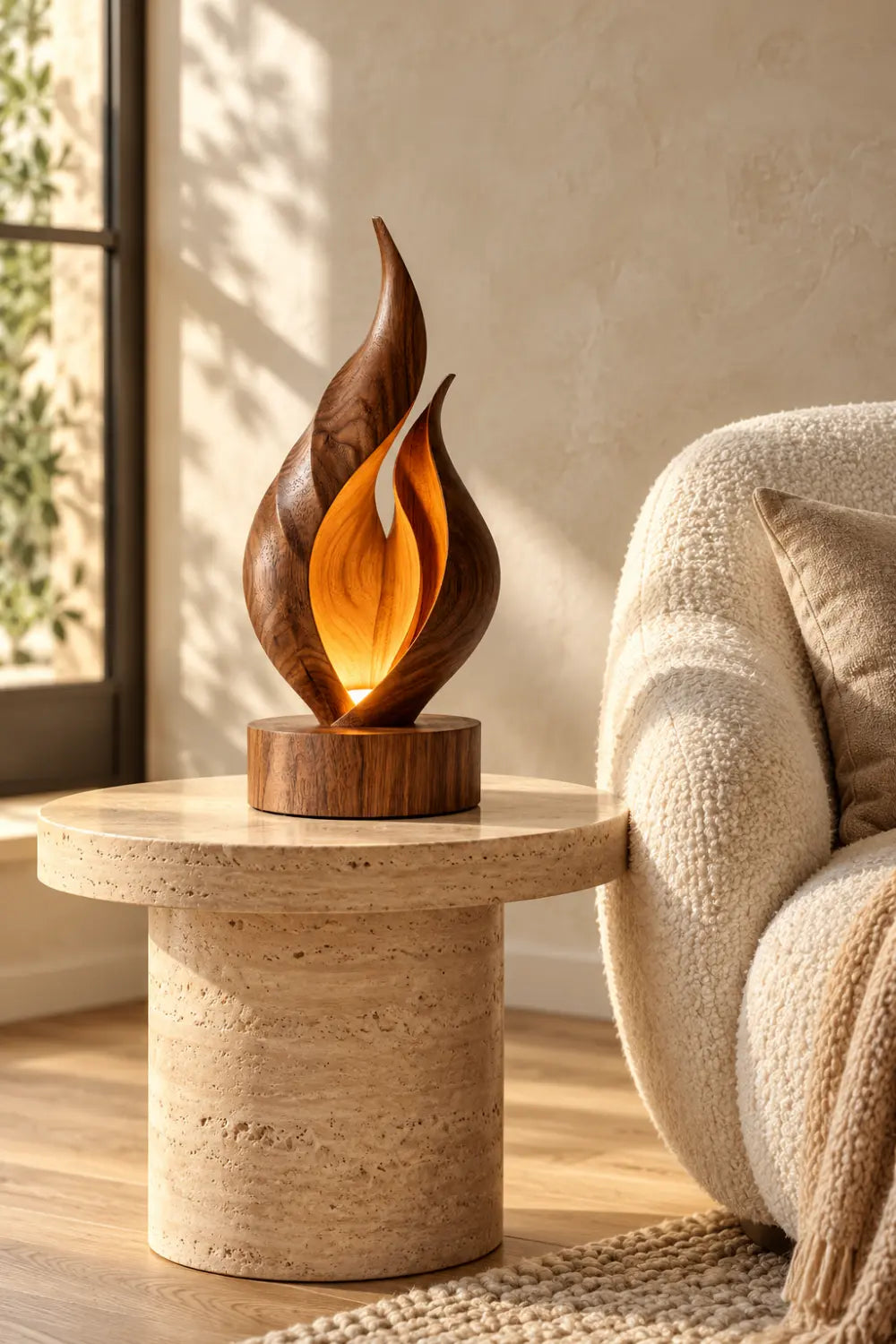 Solid Wood Flame Sculpture Lamp Warm White Light Artistic Desk Accent For Living Room