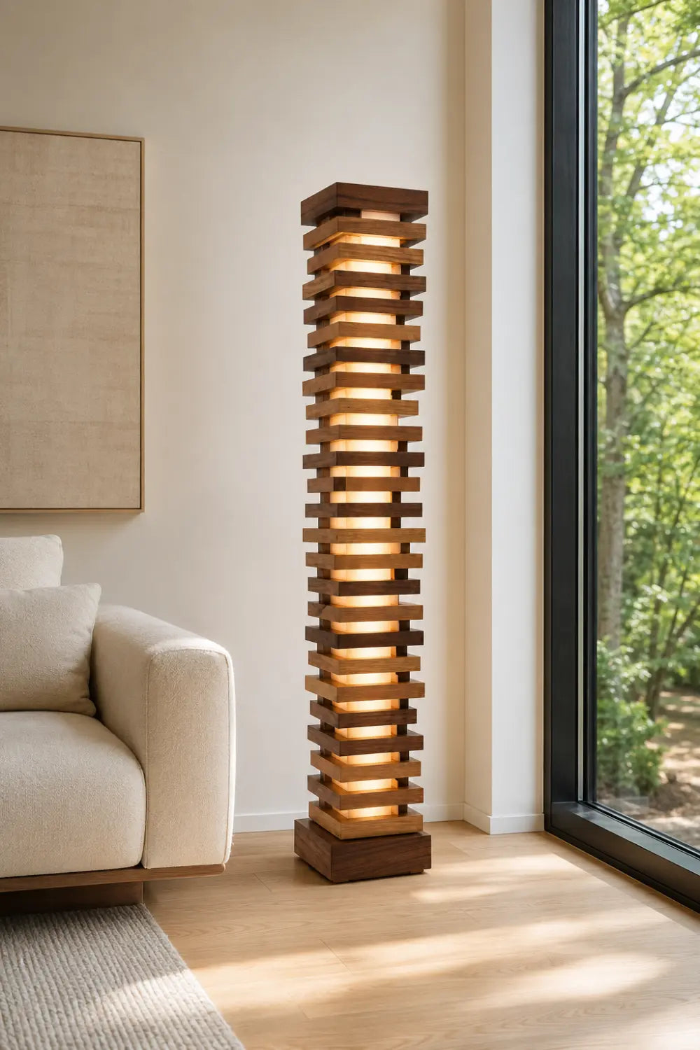 Handcrafted Natural Wood Floor Lamp With Layered Slats And Warm Glow Lighting