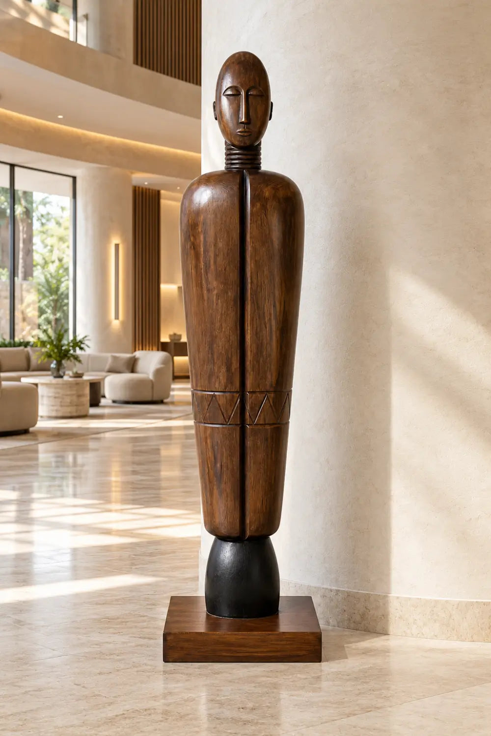 Large Freestanding Wooden Statue Vertical Abstract Human Form Art Piece For Lobby