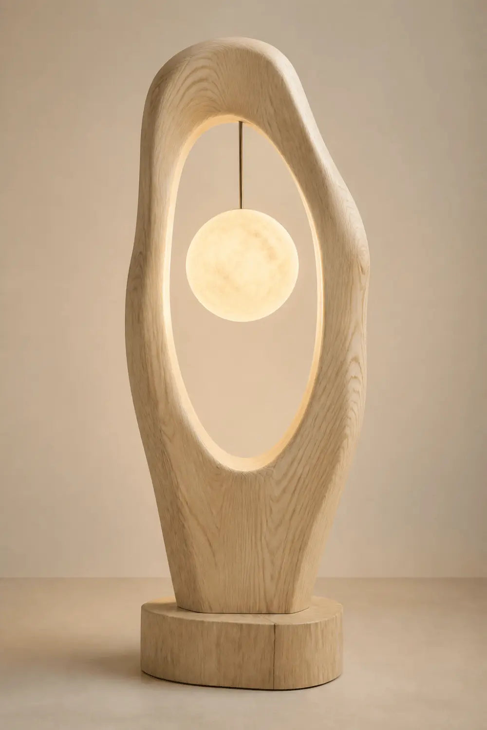 Abstract Sculptural Wood Floor Lamp With Hanging Orb Light As Artistic Home Decor Piece