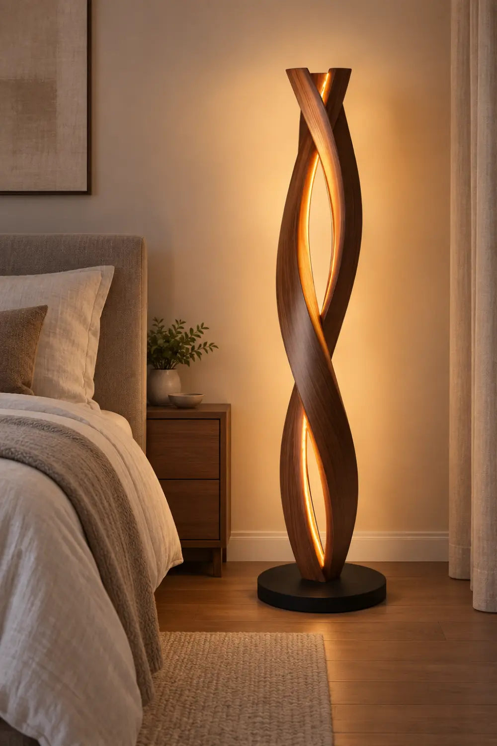 Handcrafted Walnut Floor Lamp With Spiraling Abstract Form For Modern Living Rooms