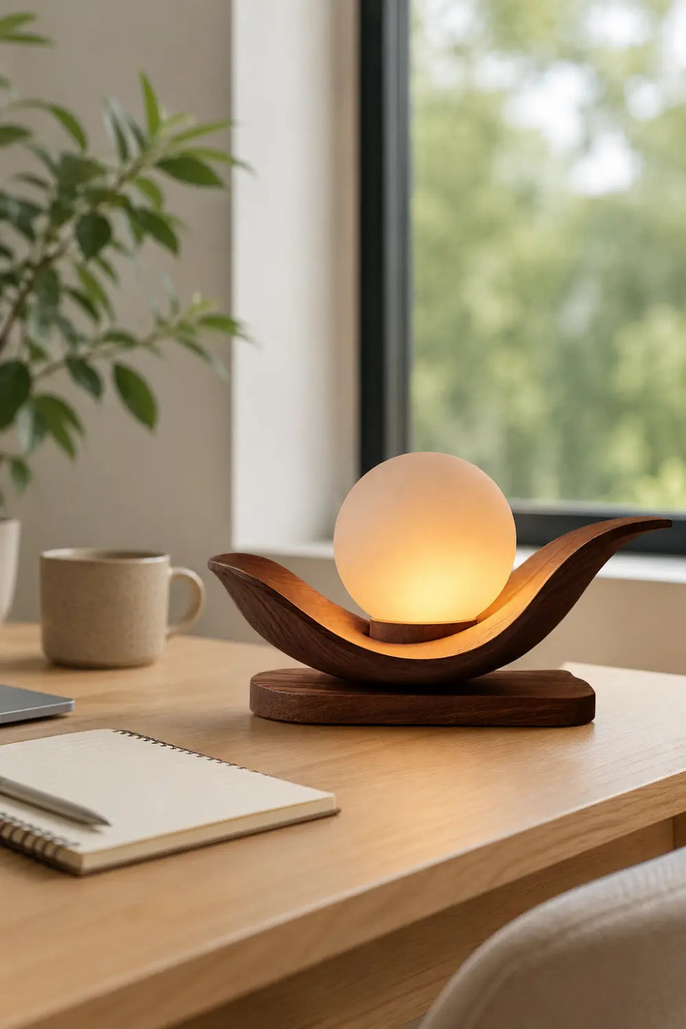 Minimalist Wooden Cradle Desk Lamp | Horizontal Sphere Tray Accent Light | Cozy Space Gift