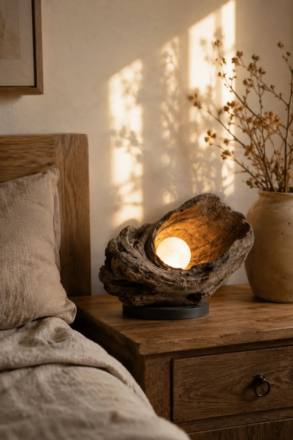 Handcrafted Weathered Driftwood Table Sculptural Wooden Lamp With Warm Glow For Modern Home Decor