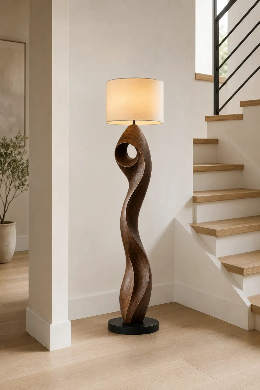 Modern Sculptural Floor Lamp In Natural Walnut Finish For Minimalist Interior Design Spaces
