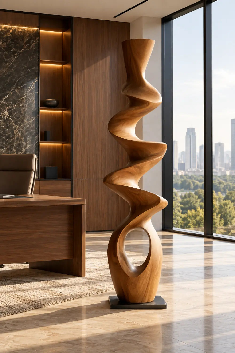 Swirling Wood Floor Sculpture | Tall Helical Statue For Living Space Decor
