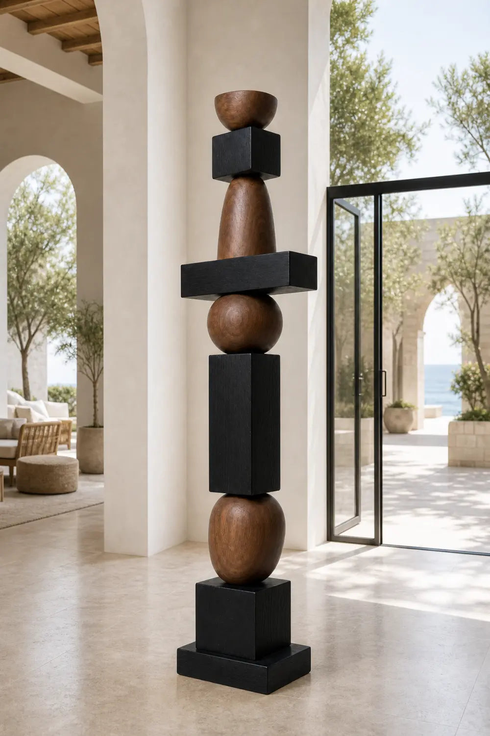 Large Geometric Wooden Sculpture For Minimalist Living Room Decor - Freestanding Abstract Art
