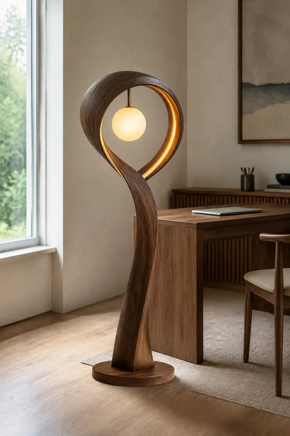 Handcrafted Wooden Floor Lamp With Abstract Curve Design For Contemporary Living Rooms And Bedrooms Decor