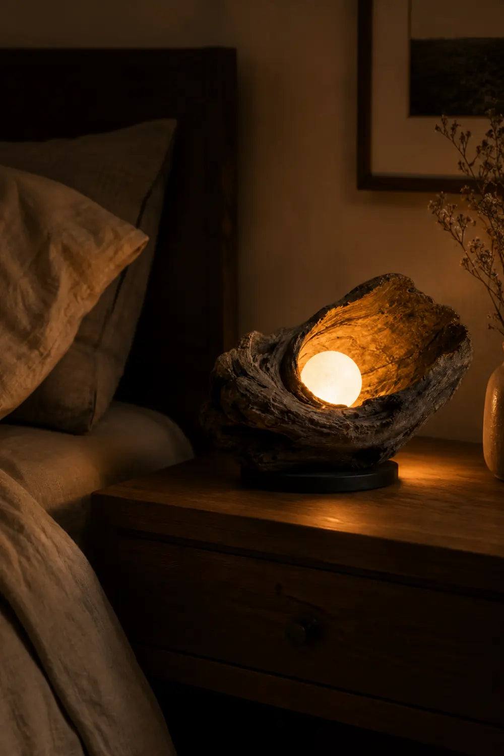Handcrafted Weathered Driftwood Table Sculptural Wooden Lamp With Warm Glow For Modern Home Decor