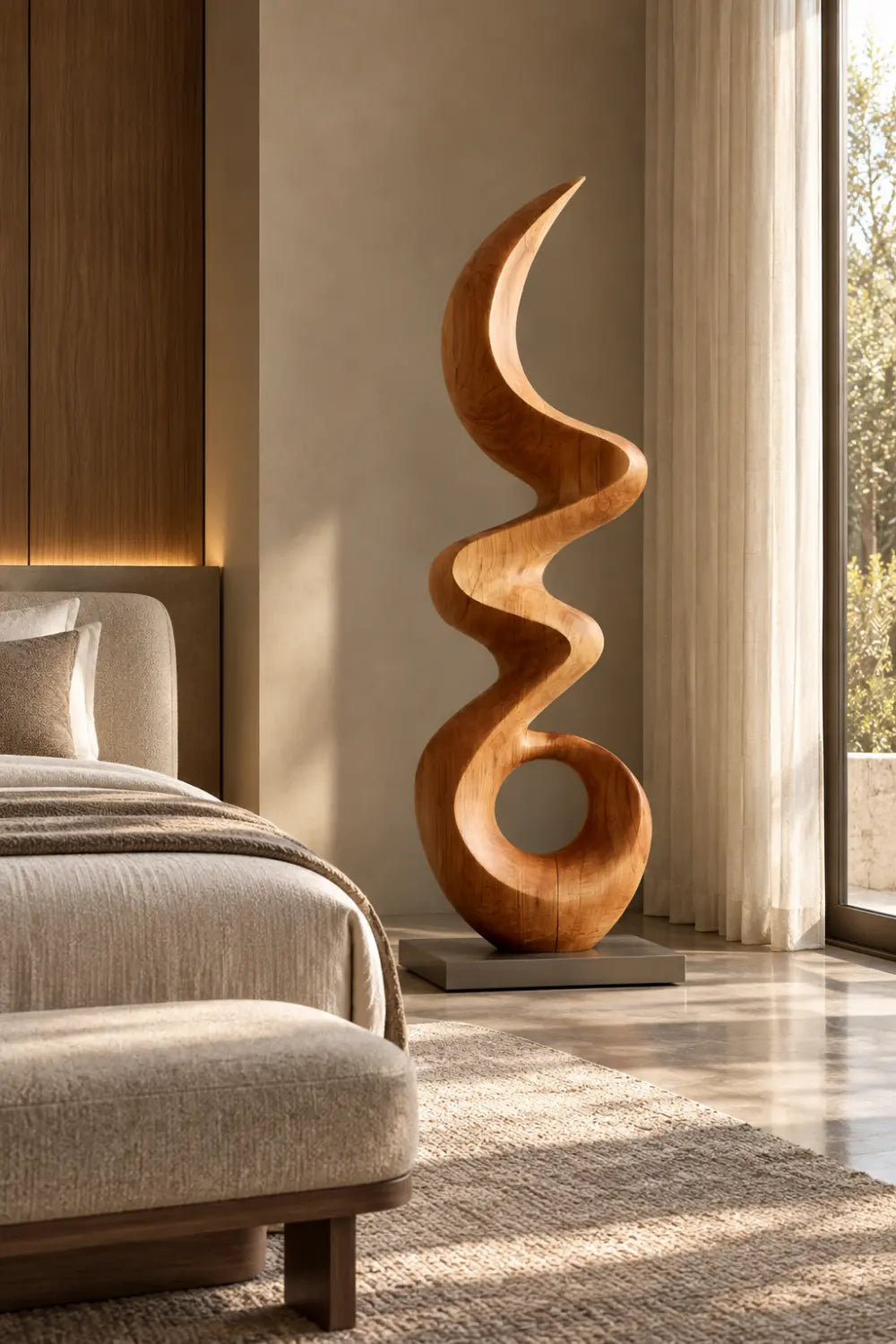 Large Abstract Oak Wood Sculpture For Modern Home Decor