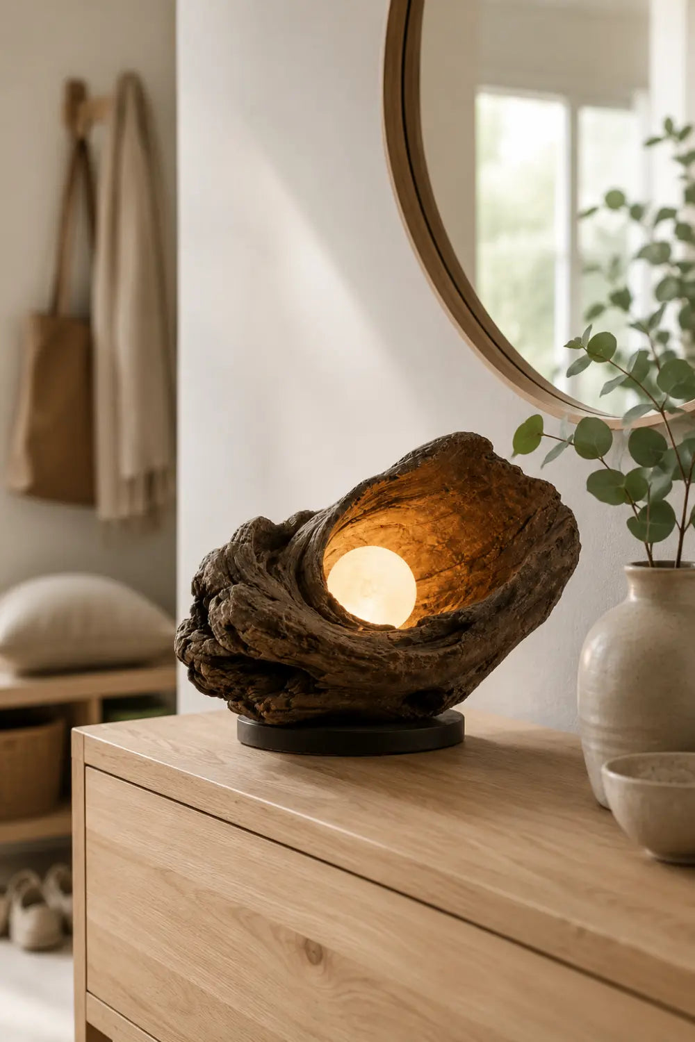 Handcrafted Weathered Driftwood Table Sculptural Wooden Lamp With Warm Glow For Modern Home Decor