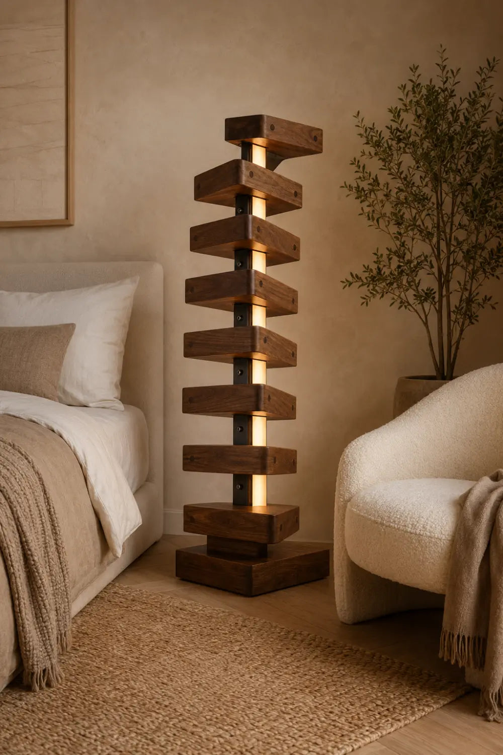 Handcrafted Solid Wood Floor Lamp With Geometric Stacked Design And LED