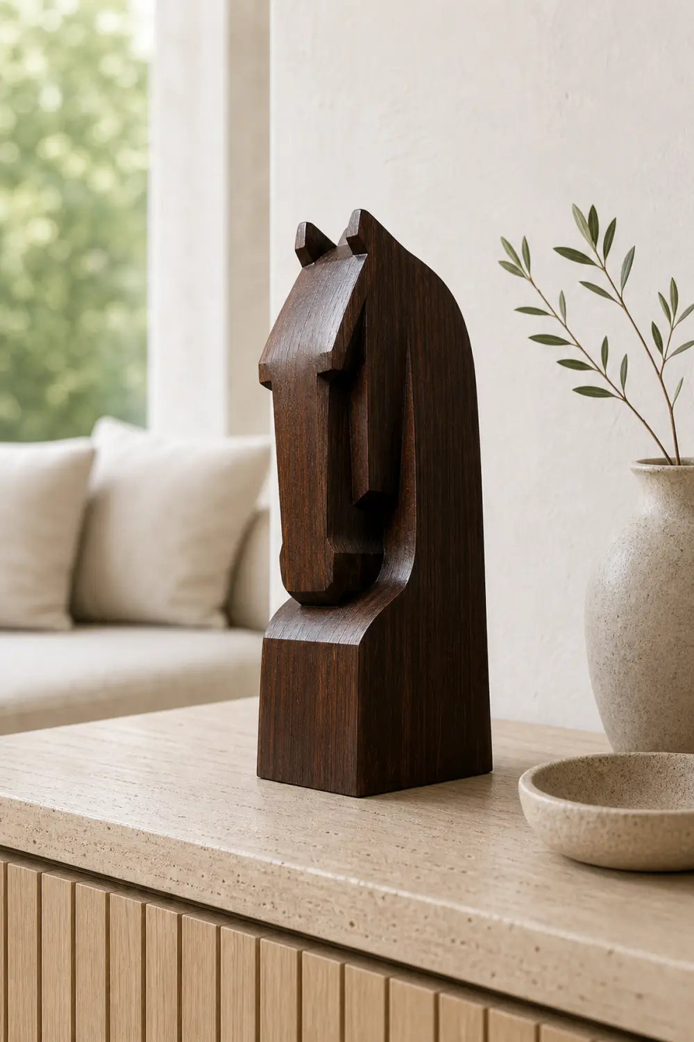Hand Carved Minimalist Wood Horse Statue Unique Gift Animal Wooden Sculptures