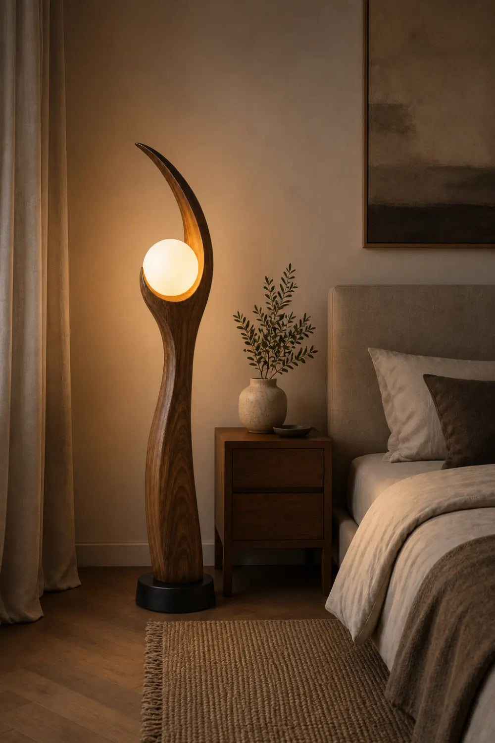 Sculptural Wooden Floor Lamp Blending Art And Function With Natural Grain Texture And Soft Illumination