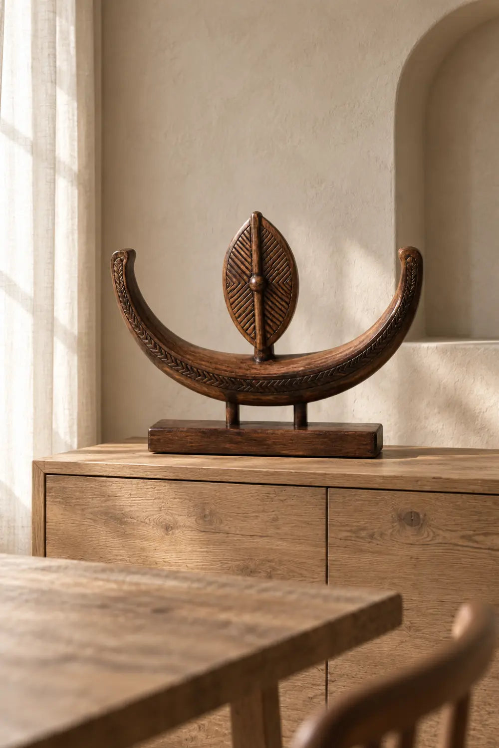 Abstract Wooden Desktop Sculpture Minimalist Tribal Art For Office Or Living Room Display