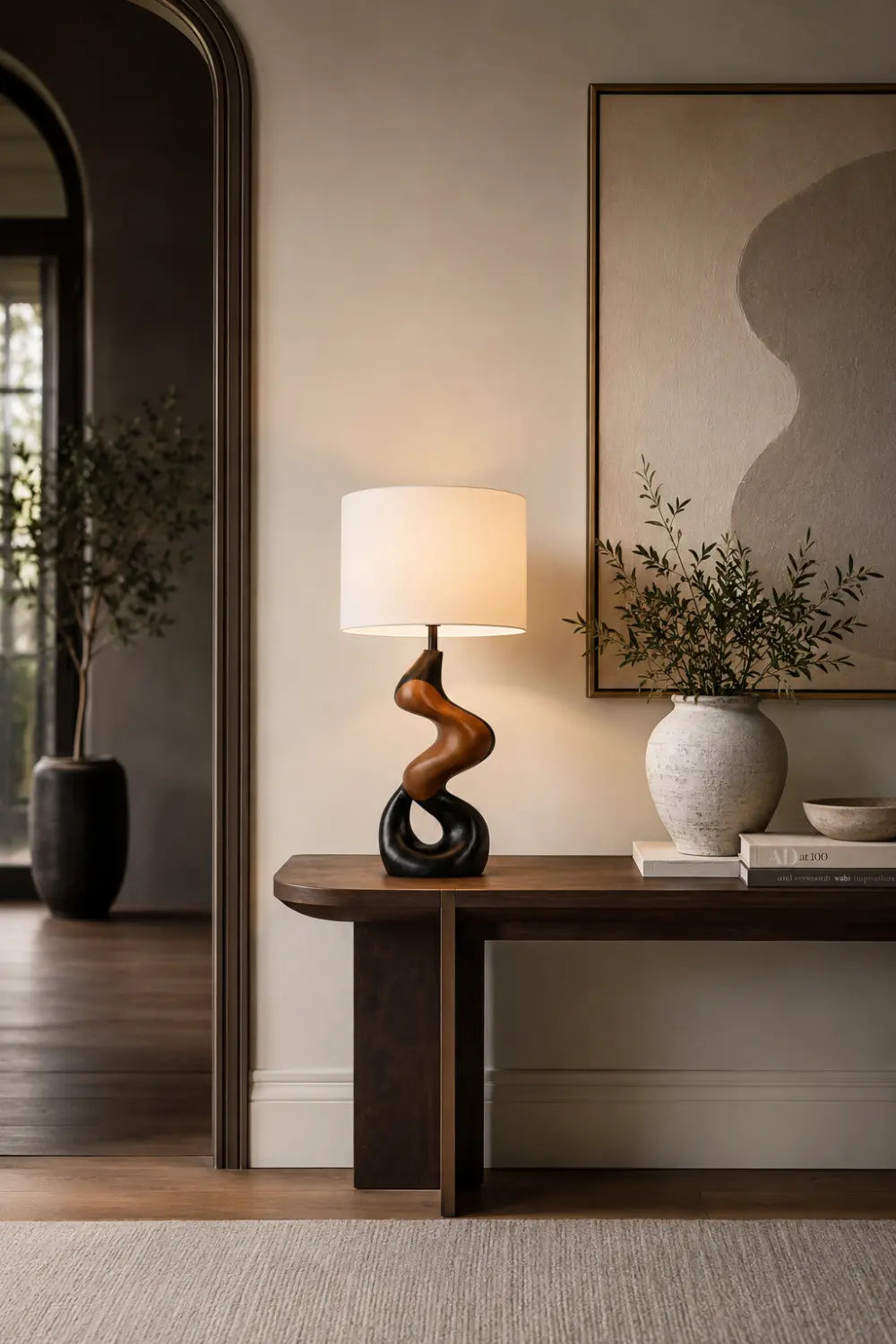 Artistic Twisted Wood Desk Lamp Creating Warm Ambiance In Study Or Office Space