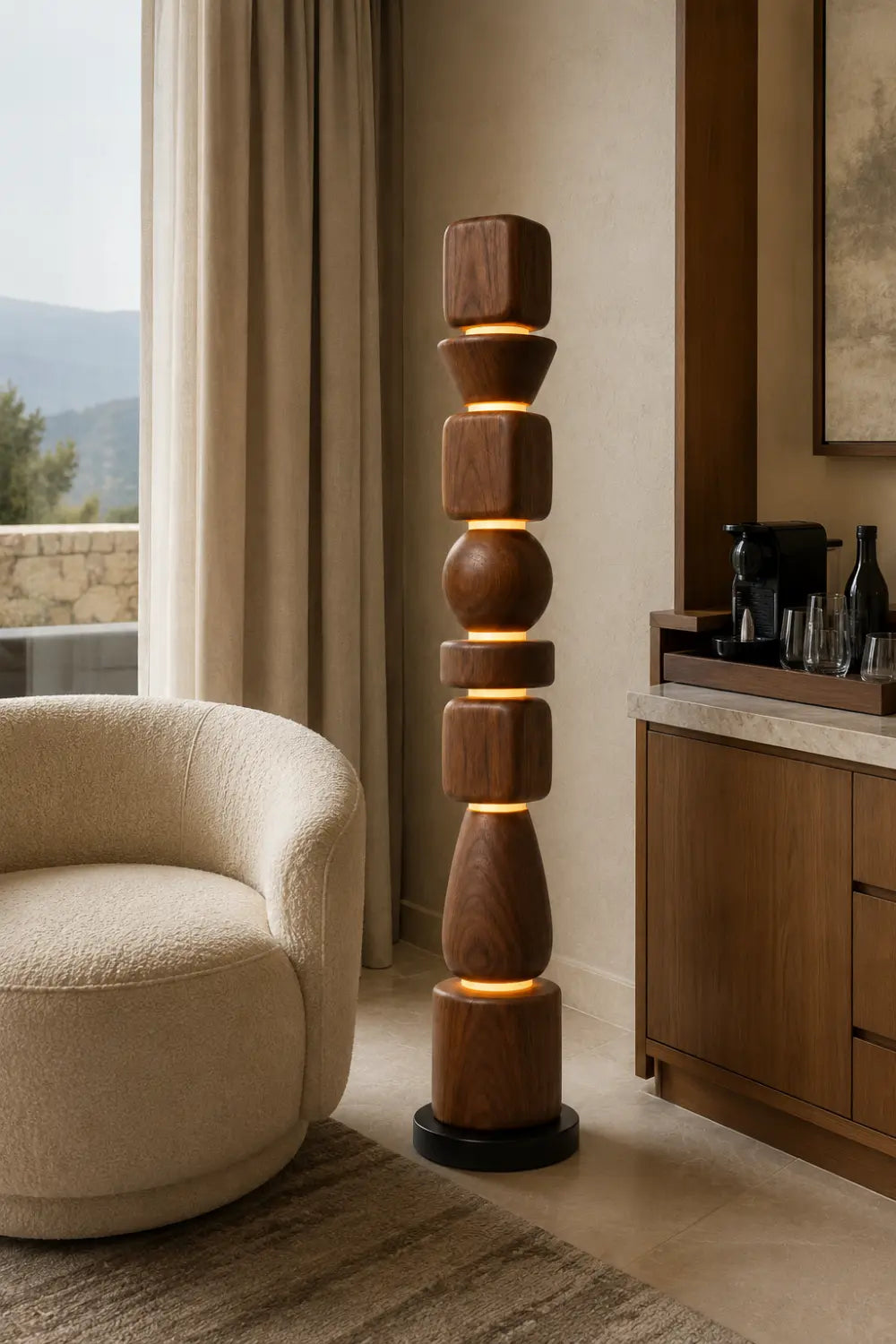 Sculptural Wooden Lamp Abstract Geometric Totem Style Lighting Fixture For Luxury Home Interiors