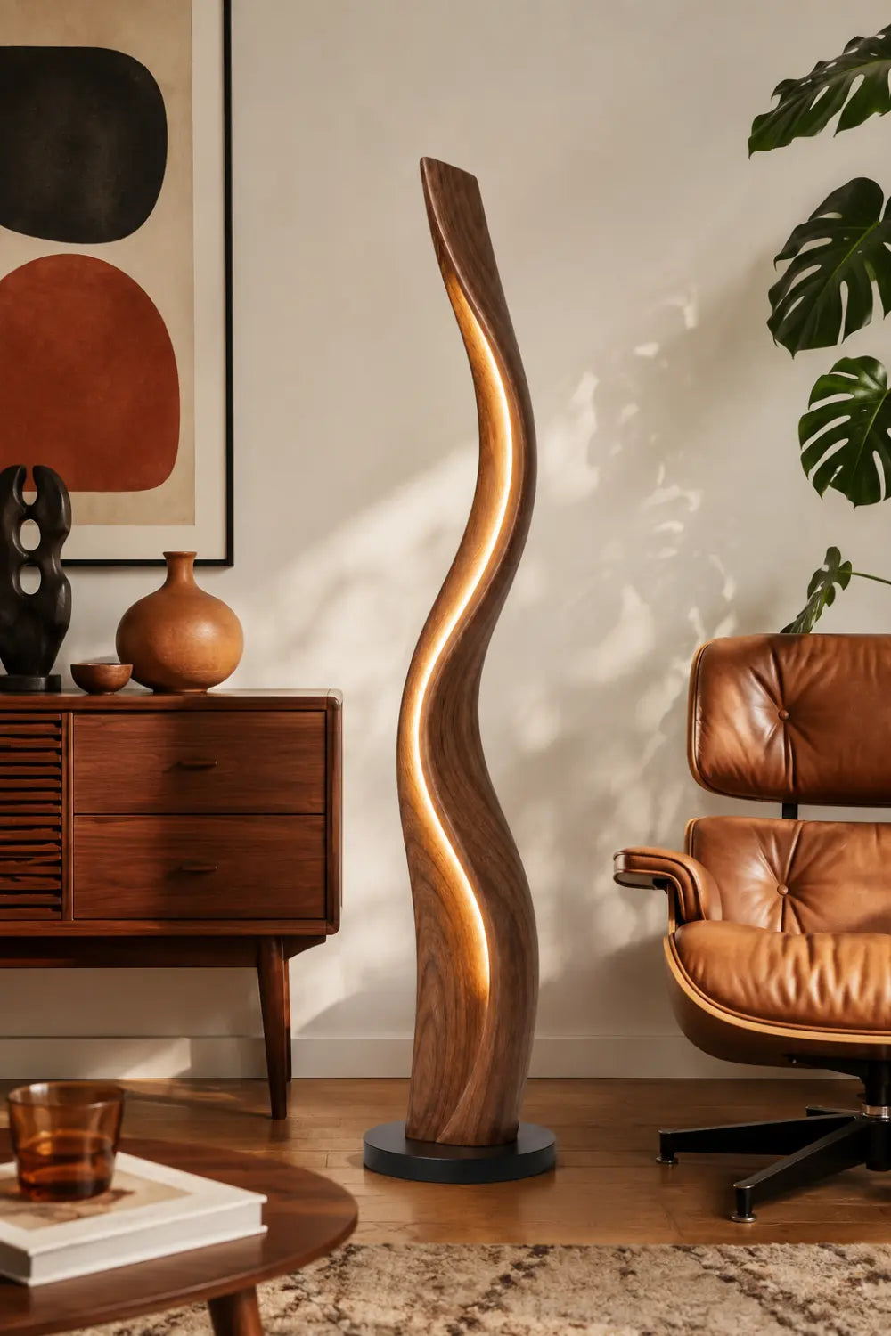 Organic Sculptural Wood Floor Lamp Twisted Design Warm White Light Home