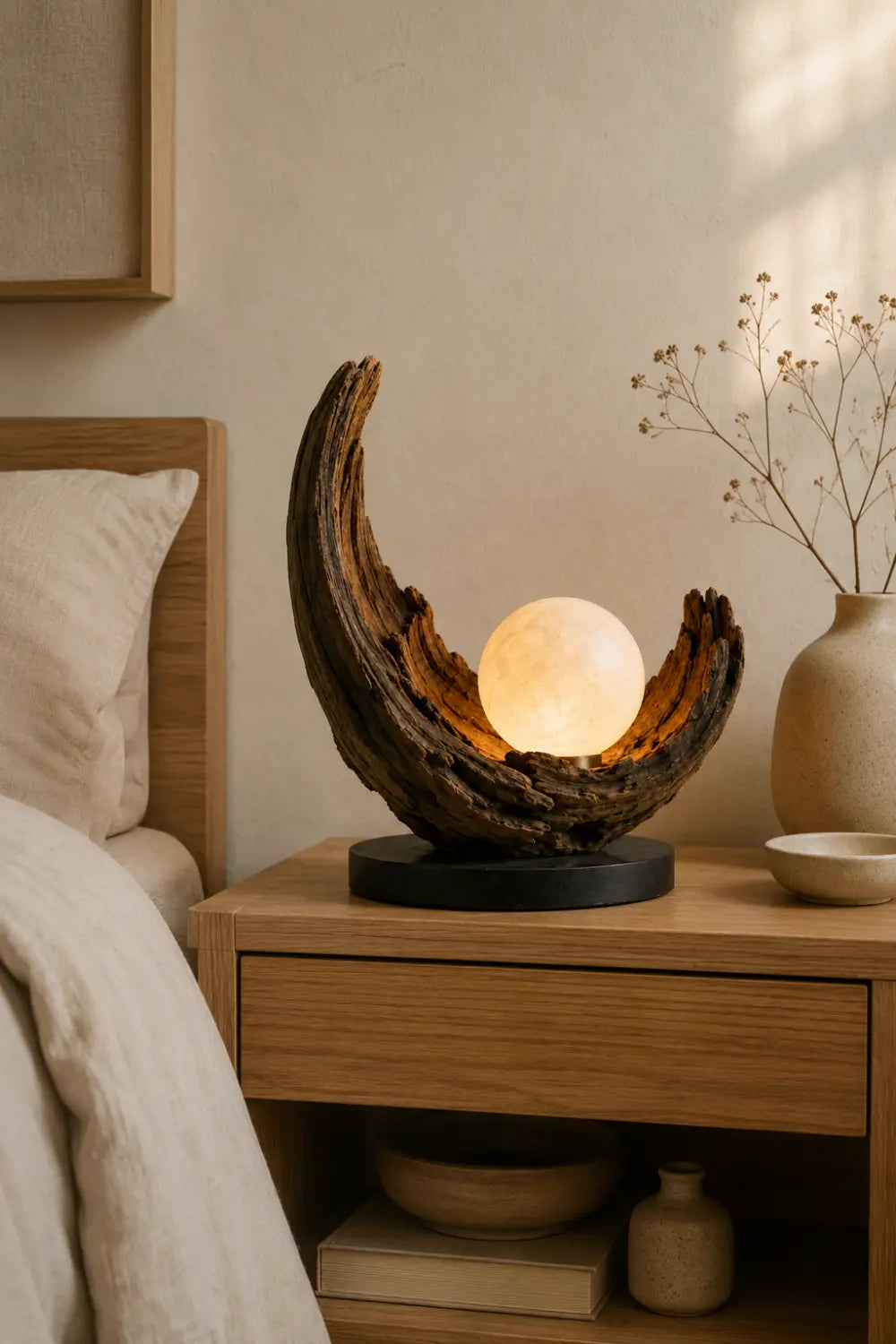 Abstract Wooden Sculpture Lamp Crescent Shape With Warm Light For Living Room