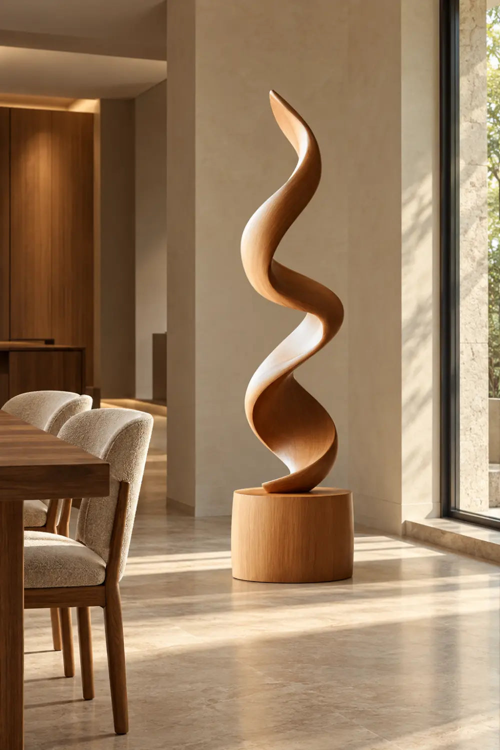 Large Spiral Oak Wood Sculpture Modern Abstract Floor Standing Statue For Home Decor