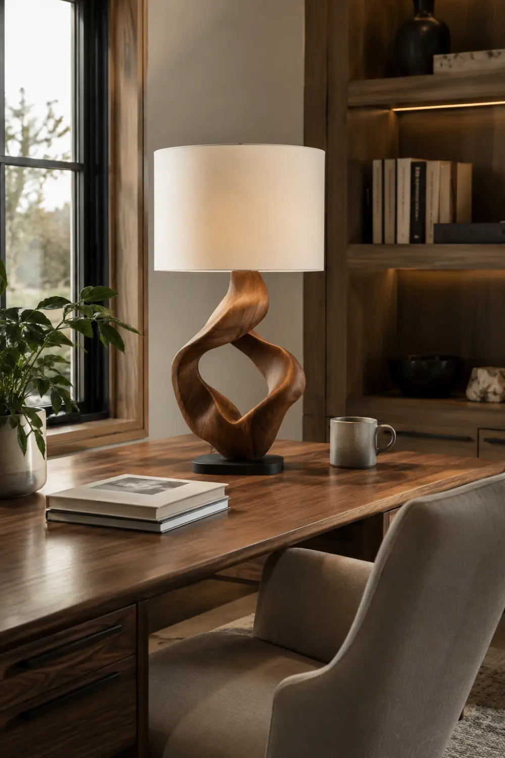 Modern Abstract Wooden Table Lamp With Twisted Walnut Base For Living Room Decor
