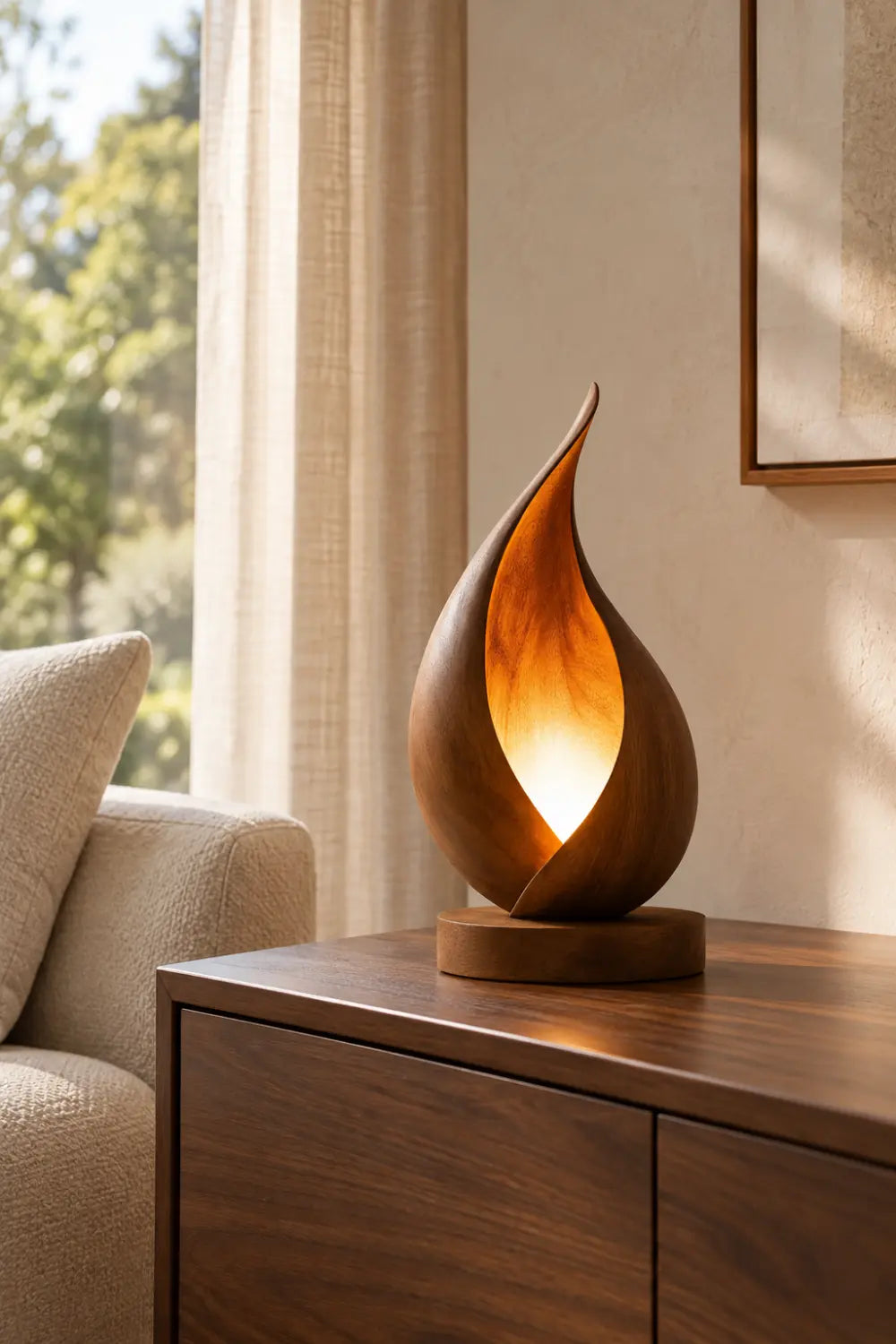 Sculptural Flame Wood Table Lamp | Aesthetic Ambient Light For Living Space