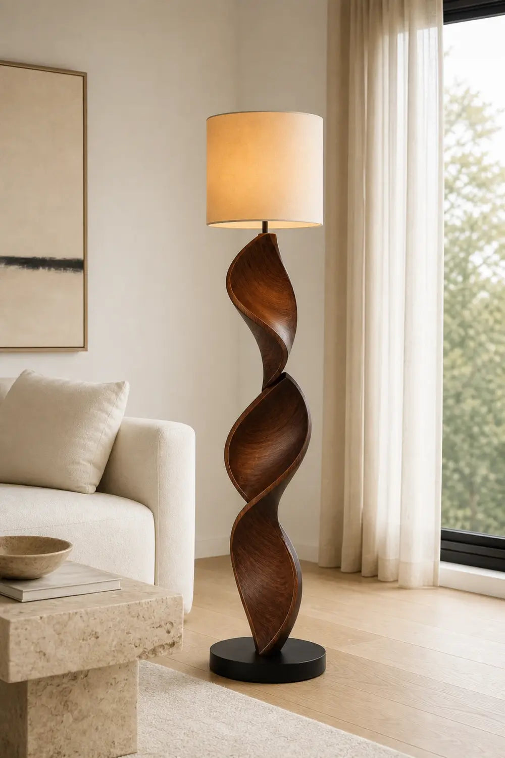 Sculptural Spiral Wood Lamp Handcarved From Premium Walnut For High End Interior Decor