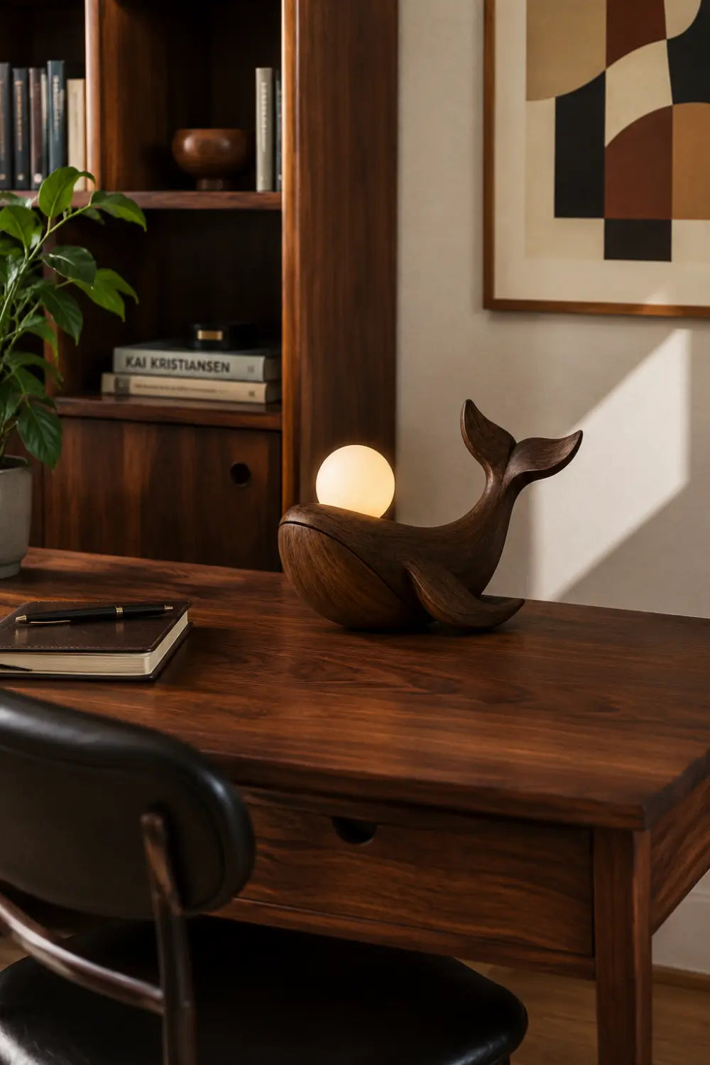 Solid Walnut Whale Sculpture Lamp Hand Carved Natural Wood Grain Tabletop Lighting